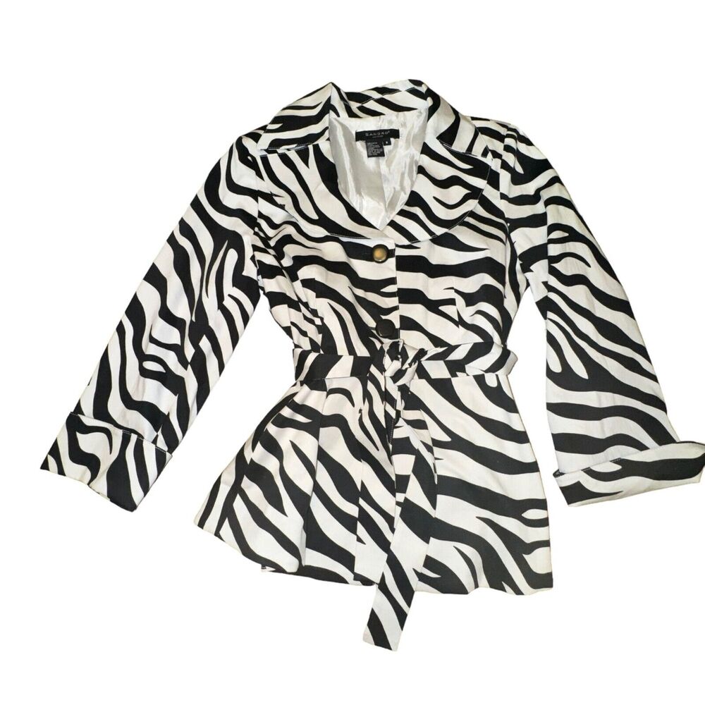 Sandro Sportswear Tie Waist Jacket Sz S Black White Zebra Print Button Collared